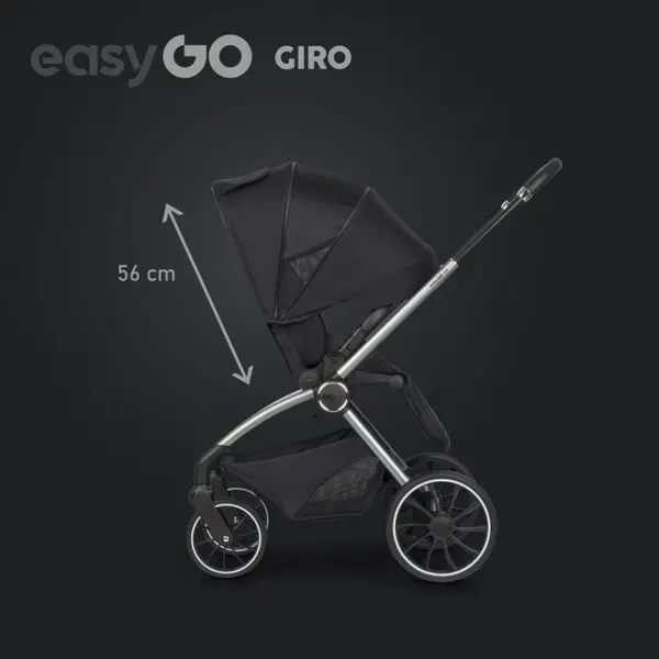 Carucior pentru copii 2 in 1 Easy Go Giro, pana la 22 kg, cu landou 80 cm, Maner telescopic, copertina XXL, pliere tip pendul, cadru ultra-usor din aluminiu, accesorii incluse, Ebony Black
