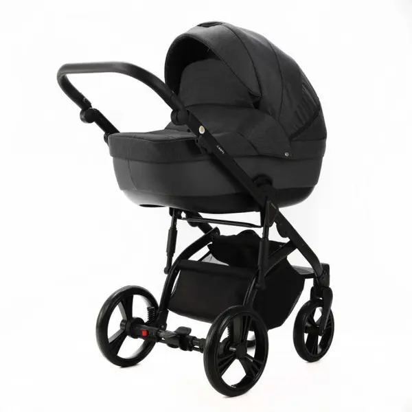 Carucior pentru copii, Adamex, 2 in 1, Lanti PS35, Pliabil, landou cu salteluta, copertina reglabila, roti frontale pivotante, cu dubla suspensie si husa de ploaie inclusa, Linen EcoLeather, Dark Gray