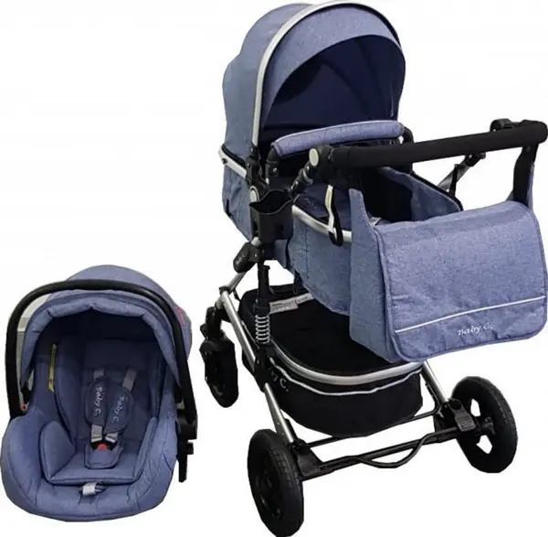 Carucior pentru copii Baby Care Pro 530 Albastru Jeans 3 in 1 Transformabil, Cadru Aluminiu, Amortizoare, Roti din cauciuc, Spatar reglabil 3 trepte, Plasa insecte, Geanta