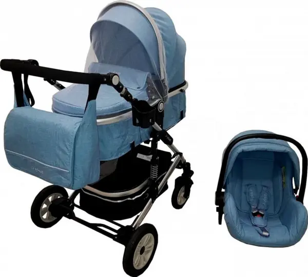 Carucior pentru copii Baby Care Pro 531 Albastru 3 in 1 Transformabil, Cadru Aluminiu, Amortizoare, Roti din cauciuc, Spatar reglabil 3 trepte, Plasa insecte, Geanta