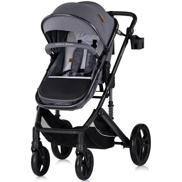 Carucior pentru copii Chipolino Amore Cloud Grey 2 in 1 cu sezut reversibil, maner reglabil, suspensii, husa de picioare, gentuta, suport pahar, greutate admisa 22 kg