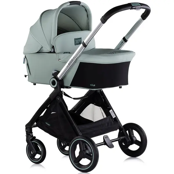 Carucior pentru copii Chipolino Elite 3 in 1 basil cu spatar reglabil, suspensii, maner ajustabil, suport picioare reglabil si accesorii