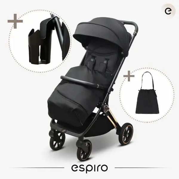 Carucior pentru copii Espiro Flame black 0-22 kg pliabil, cu suspensii, spatar reglabil, geanta, husa pentru picioare si suport pentru pahar