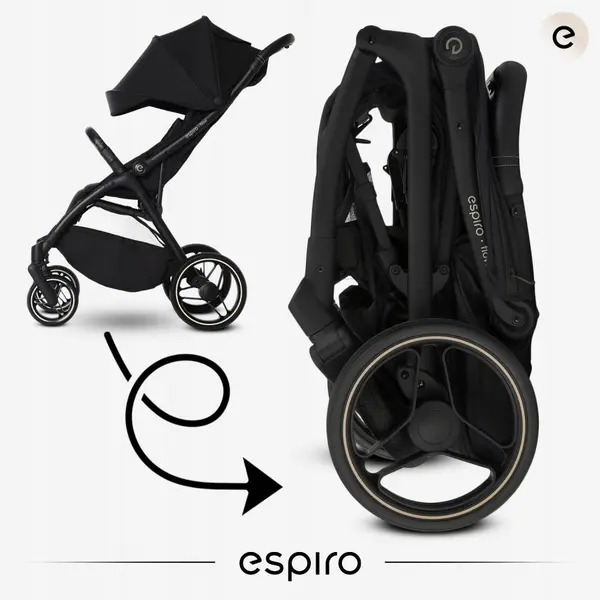 Carucior pentru copii Espiro Flow Black 0-22 kg cu suspensii, suport reglabil pentru picioare, bara de protectie pivotanta, accesorii incluse