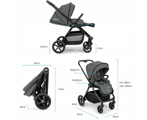 Carucior pentru copii Kidnort Alskar dark gray, 6-48 luni pana la 22 kg, bara de protectie detasabila, capotina extensibila, spatar si suport pentru picioare reglabile, cu geanta si accesorii incluse