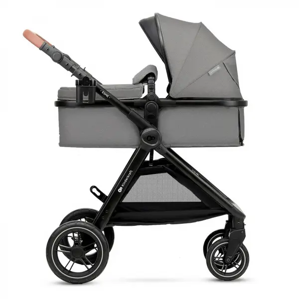 Carucior pentru copii Kinderkraft Esme Moonlight Grey 3 in 1 reversibil, cu spatar si maner reglabil, suportul pentru pahar, husa pentru picioare, husa de ploaie, geanta