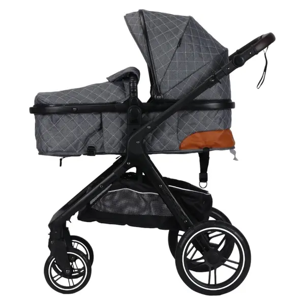 Carucior pentru copii Novokids X1000 series Gri 2 in 1 reversibil, cu geanta bebe, cadru aluminiu, amortizoare, roti din cauciuc, landou, spatar reglabil, plasa insecte