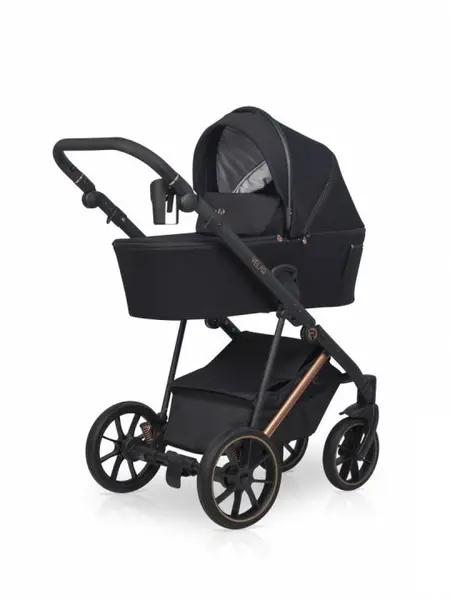 Carucior pentru copii, Riko Velar Magma Premium Line 3 in 1, omologat i-Size R129, cu suspensii, maner reglabil pe inaltime, cu scoica auto, Geanta si accesorii incluse, pana la 22 kg, Negru