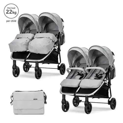 Carucior pentru gemeni Lorelli Duo, pana la 22 kg per copil, cadru din aluminiu, spatar reglabil pozitii multiple, geanta inclusa, Gri