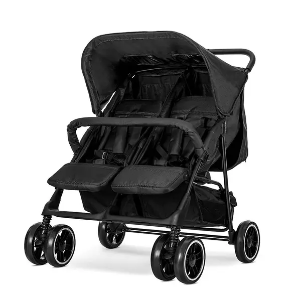 Carucior pentru gemeni Twin Black reglabil individual, geanta pentru mama si huse pentru picioare