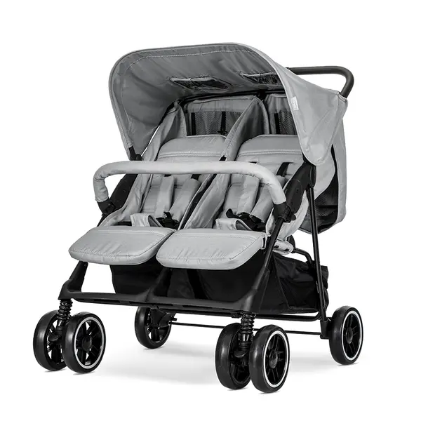 Carucior pentru gemeni Twin Grey reglabil individual, geanta pentru mama si huse pentru picioare