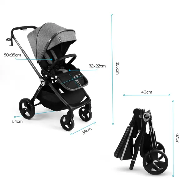 Carucior reversibil 2 in 1 pentru copii Kidnort Isbjorn Black, pliere compacta, spatar si viziera reglabile, roti cu suspensii, pana la 22 kg, Landou inclus
