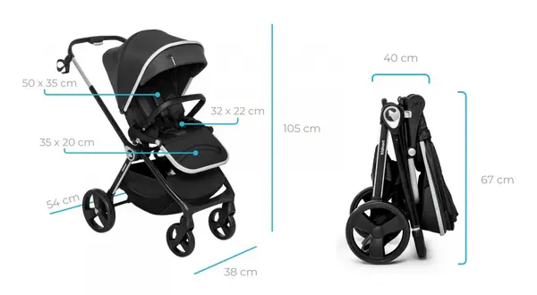 Carucior reversibil pentru copii, cu pliere compacta spatar si viziera reglabile Kidnort Isbjorn Black pana la 22 kg, roti cu suspensii, accesorii incluse, suport pentru pahar