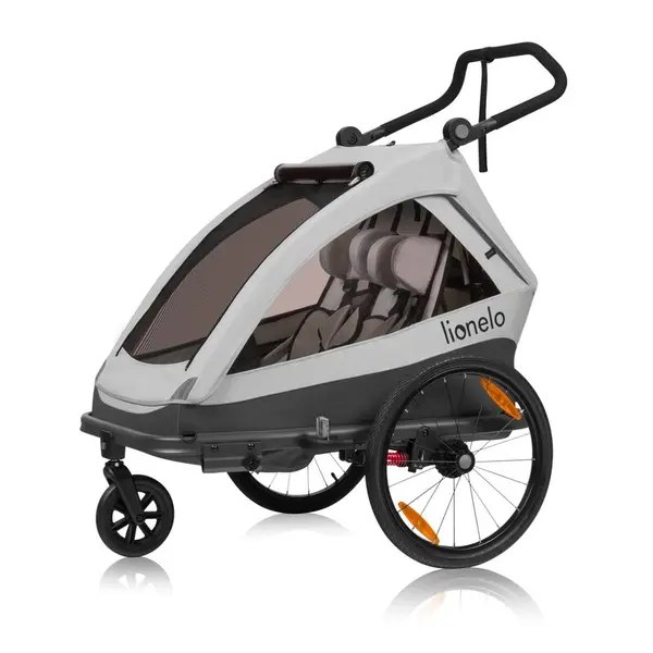 Carucior si remorca de bicicleta, Lionelo, Cama, Multifunctional, Pentru 1 sau 2 copii, Cu sistem de absorbtie a socurilor SIQ, Geamuri cu protectie solara, Gri, Resigilat