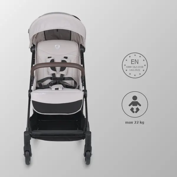 Carucior sport autofold Coccolle Melia Pearl Mist, cadru aluminiu anodizat, copertina XXL cu protectie UV 50+, pozitie verticala dupa pliere, certificat pana la 22 kg