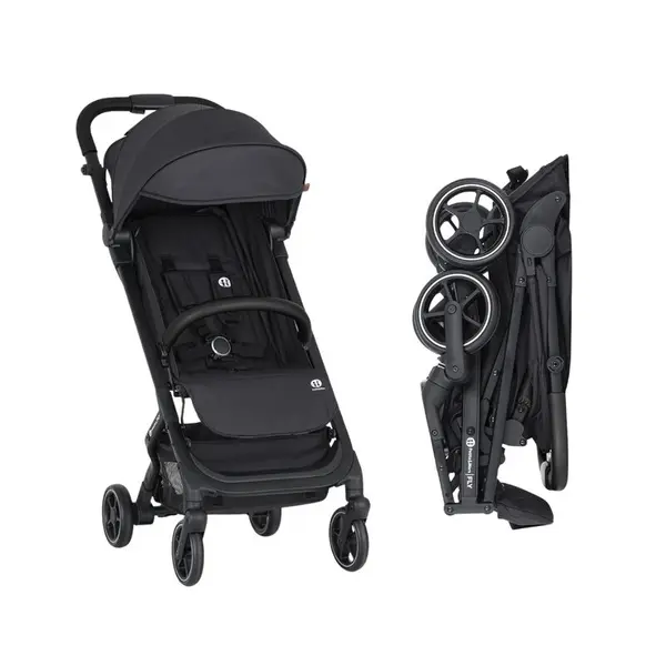 Carucior sport, Petite&Mars, Fly, Pliere compacta, Spatar reglabil pana la pozitie de somn, Suport picioare reglabil, Copertina extensibila cu protectie UPF40+, Suport pahar inclus, Pana la 22 kg, 0 luni+, Negru