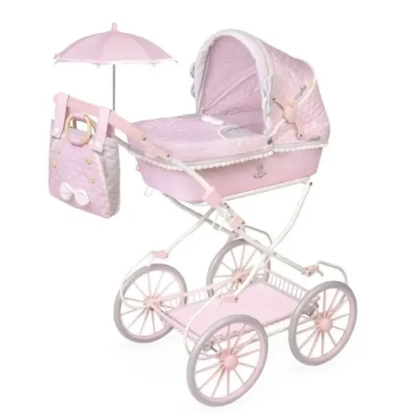 Carucior tip landou pentru papusi, stil vintage, cu accesorii complete si maner reglabil, DeCuevas, Sophie, Roz