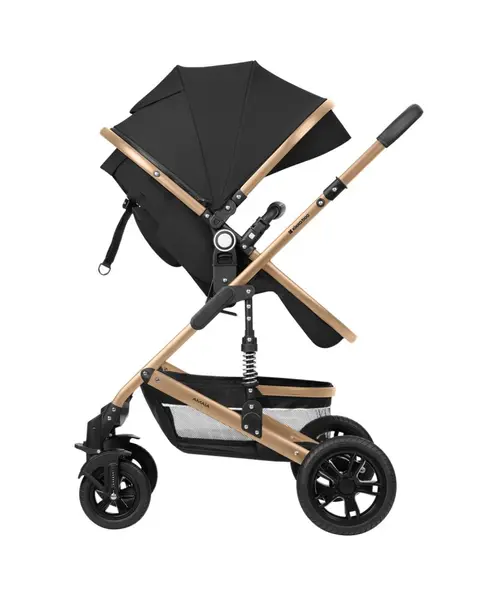 Carucior transformabil KikkaBoo 3in1 Amaia Black 2024 pana la 22kg,cadru din aluminiu,suspensii pe roti si cadru,spatar reglabil,sezut reversibil,Scaun auto I-Size,geanta,suport pahar si accesorii incluse