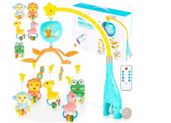 Carusel muzical cu telecomanda pentru patut copii Malplay Apple, cu jucarii si zornaitoare suspendate, dimensiune 50 x 32 x 54 cm