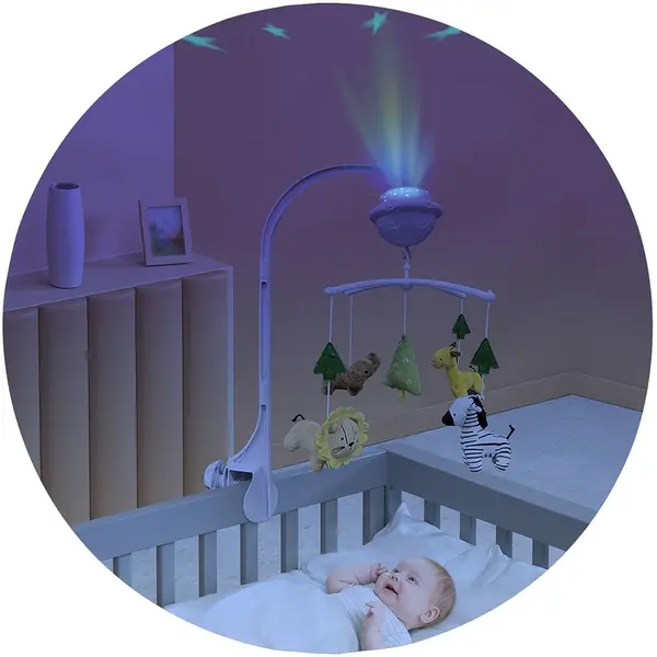 Carusel muzical pentru patut Chipolino Jungle cu proiector, functie bluetooth, volum reglabil, prindere universala, jucarii detasabile