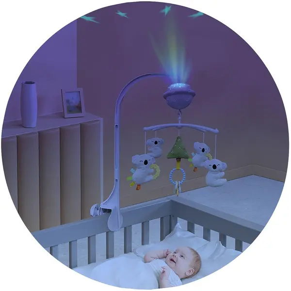 Carusel muzical pentru patut Chipolino Koala cu proiector, functie bluetooth, volum reglabil, prindere universala, jucarii detasabile