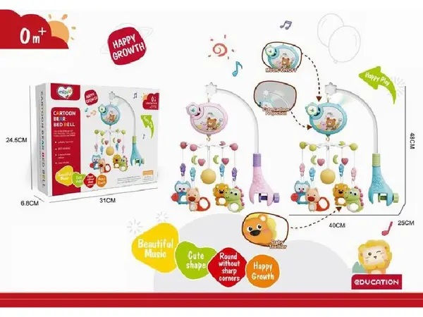 Carusel muzical pentru patut copii Malplay Blue, cu sistem de prindere universal si 5 pandative suspendate