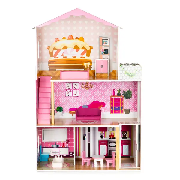 Casă de păpuși din lemn cu lift + mobilier ECOTOYS