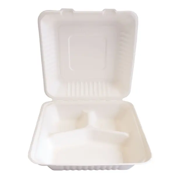 Caserola bio Take-Away TRIPLE - din trestie zahar - alb, 23x23 cm