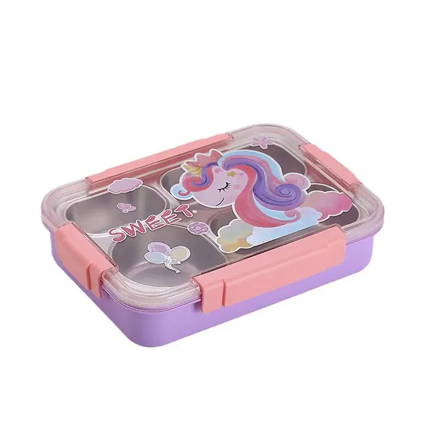 Caserola termica 4 compartimente din inox pentru copii cu lingurita, 900 ml, 16.8 X 22.6 X 6.5cm