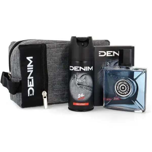 Caseta Cadou Barbati Denim Black, After Shave 100 ml, Deodorant Spray 150 ml, Borseta