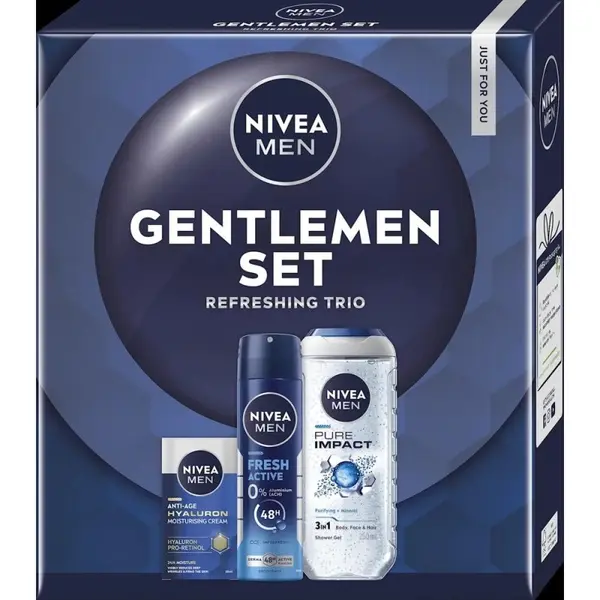 Caseta Cadou Barbati Nivea Gentlemen, Gel Dus 250 ml, Crema Antirid Acid Hialuronic 50 ml, Deodorant 150 ml