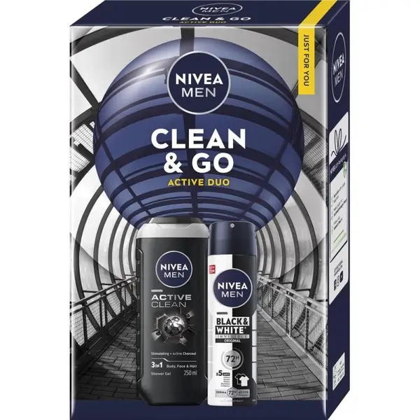 Caseta Cadou Barbati Nivea Men Clean&Go, Gel Dus 250 ml, Deodorant Spray 150 ml