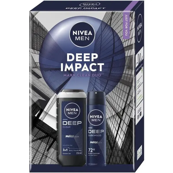 Caseta Cadou Barbati Nivea Men Deep Impact, Gel Dus 250 ml, Deodorant Spray 150 ml