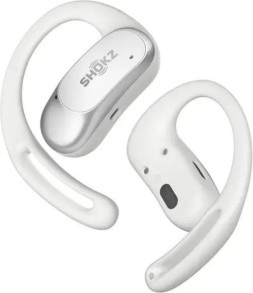 Casti alergare wireless Shokz OpenFit Air, Technologie DirectPitch™, Autonomie 6/28 ore, IP54 (Alb)