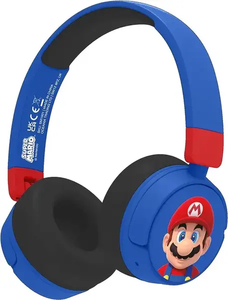 Casti Gaming OTL Super Mario, Pentru copii, Cu fir si Bluetooth (Albastru/Rosu)