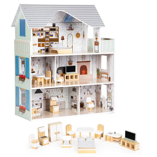 Casuta de Papusi Ecotoys, Emma, lemn, 3 etaje, 6 camere, mobilier 10 piese, multicolor KID974870, la doar 339,00 lei