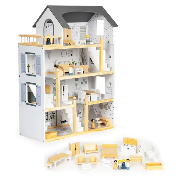 Casuta de Papusi Ecotoys, lemn, 4 etaje, mobilier, 18 piese, multicolor KID000470, la doar 429,00 lei