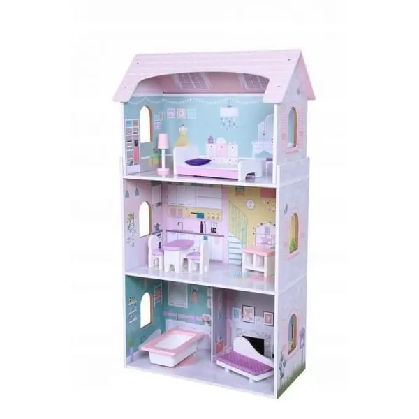 Casuta de Papusi Ecotoys, lemn, mobilier, 3 etaje, multicolor KID065289, la doar 328,00 lei