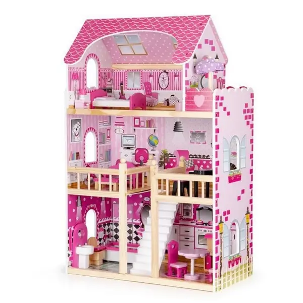 Casuta de Papusi Ecotoys, lemn, mobilier, lumini LED, roz KID970032, la doar 498,00 lei