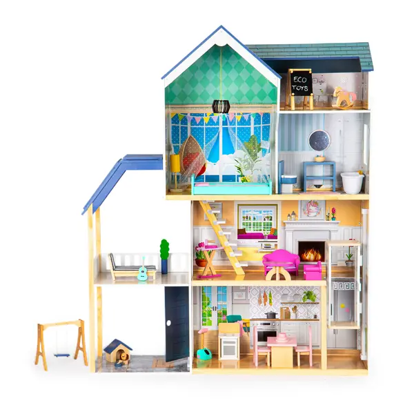 Casuta de Papusi Ecotoys, Maya, lemn, 3 etaje, terasa, mobilier, multicolor KID974887, la doar 948,00 lei
