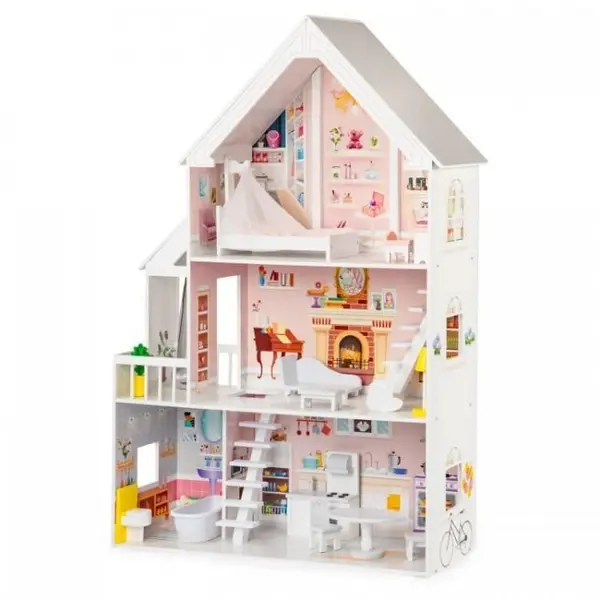Casuta de Papusi Ecotoys, XXL, lemn, mobilier, 3 etaje, multicolor KID068860, la doar 798,00 lei