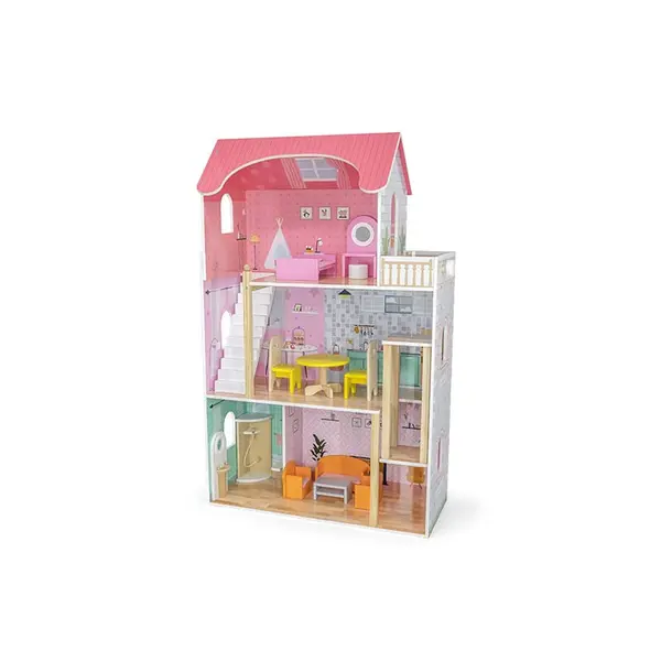 Casuta de papusi Viga Toys, Big Fancy, lemn, mobilier, 3 etaje, multicolor KID445705, la doar 654,00 lei