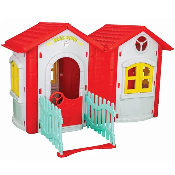 Casuta dubla pentru copii Pilsan Magic Twin House Gray cu gardulet,realizata din plastic durabil,dimensiune 172 x 220 x 131 cm