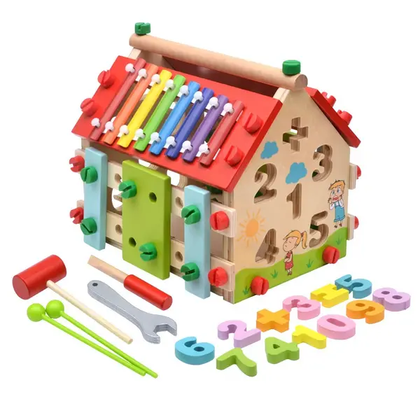 Casuta educativa din lemn 4 in 1 - jucarie multifunctionala pentru motricitate, sortare
