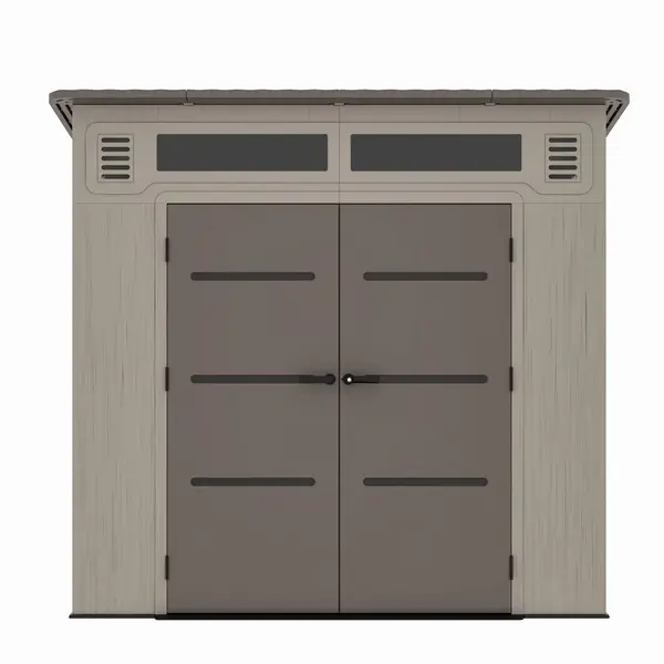 Casuta / magazie de gradina din polietilena HDPE Mesterino HUME-A, usi si acoperis maro, pereti gri antracit, 254x254x230 cm, cu podea din plastic HDPE, cinci carlige si doua polite CADOU