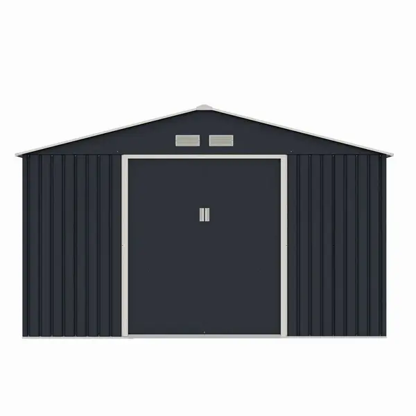 Casuta / magazie de gradina metalica MESTERINO Archer-D-2, gri/bej, 341x195x211 cm, cu usi culisante, baza metalica CADOU