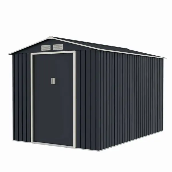 Casuta / magazie de gradina metalica MESTERINO Archer-Plus-C-3, gri/bej, 213x322x205 cm, cu usi culisante, baza metalica CADOU