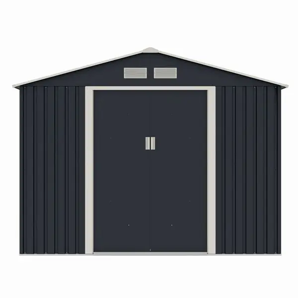Casuta / magazie de gradina metalica MESTERINO S1001-D gri/bej 261x241x198 cm, usi culisante, baza metalica CADOU