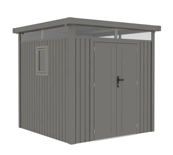 Casuta / magazie de gradina premium metalica, KLUGMEISTER Anna-B Gri Aluminiu, dimensiuni 230x230x222 cm, cu fereastra si baza metalica