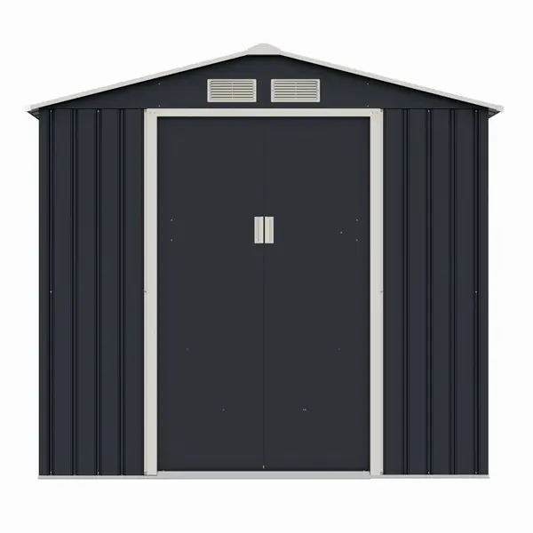 Casuta / magazie de gradina premium metalica MESTERINO Archer-A, Gri/Bej, dimensiuni 213x131x195 cm, cu usi culisante si baza metalica
